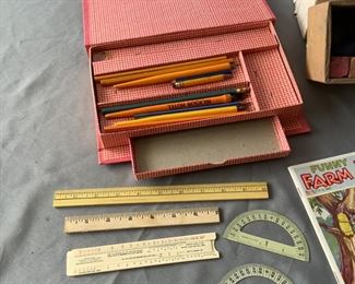 Antique G-Men Pencil Box, Lecturers Chalk Crayons, and Comic Caper Library Set of Books and More