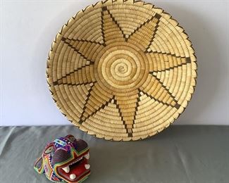 Huichol Art beaded Jaguar Head, Large Hand Woven Basket