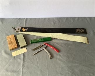 Antique Razor, Sharpening Belt, and Stone