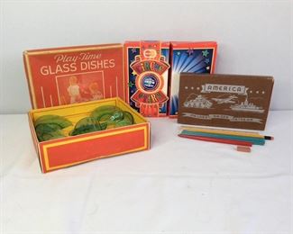 Play Time Glass Dishes and America Pencil Box