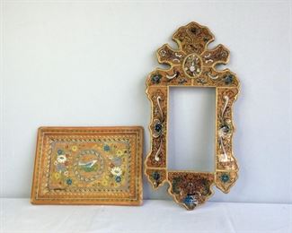 Vintage Ornate Gold Framed Mirror and Hand Painted Wood Plate