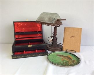 Antique Look Lawyer's Lamp, Jewelry Box, 1937 Madame Curie Book.