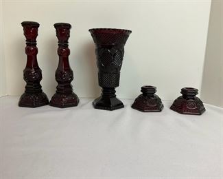 Avon Cranberry Vase And Candlesticks