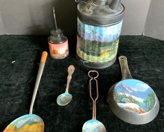 Hand Painted Vintage Gas Can, Oil Can, Skillet Utensils