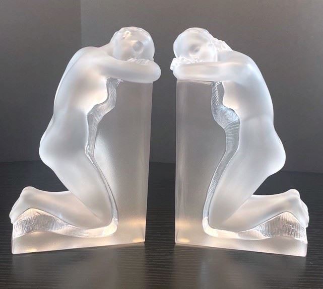 Lalique Nude Reverie Frosted and Clear Signed Book Ends