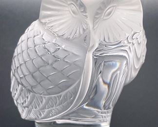 Lalique Owl Figurine Frosted Clear Signed