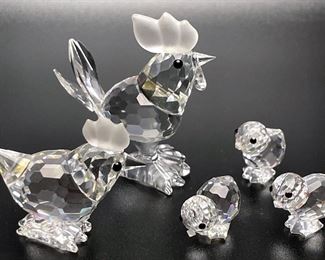 Swarovski Vintage Chicken Family Hen Rooster 3 Mini Chicks Figurines Barnyard Friends with Boxes