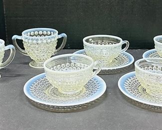 Vintage Fenton Opalescent Hobnail Collection; 4 Teacup & Saucers + Sugar/Creamer