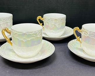 Vintage Porcelain Lusterware Tea Cups & Saucers w/ Gold Handles Lovely Set of 4!