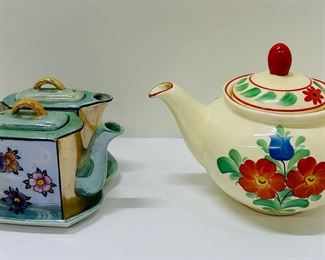 Very Pretty Vintage Lusterware Tea Set - Tea Pot & Creamer on Tray; Hand Painted Floral Teapot w Lid