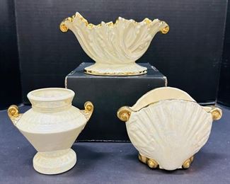3 Lovely Opalescent Lusterware Ceramic Vases with Gold Tone Accents