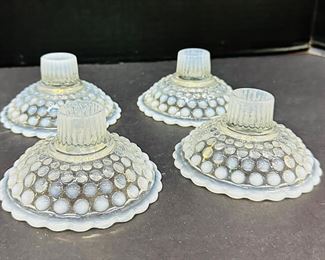 4 Vintage Fenton Opalescent Hobnail Candlestick Holders