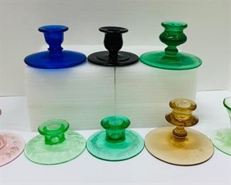 8 Beautiful Glass Candlestick Holders, 3 Uranium Glass! See One w/ Small Chip