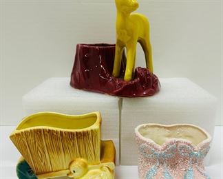 Planters: Mid Century Shawnee Yellow Deer, Royal Copley Duck w Wheelbarrow, Baby Booties 