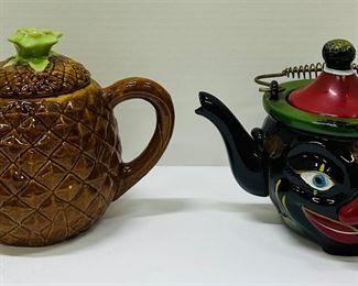 Two Unique Tea Pots - Rare Clown & Pineapple From Cobbs Fruit Farm in Florida