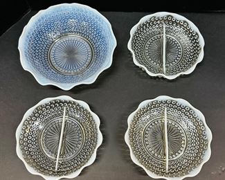 3 Vintage Fenton Moonstone Hobnail Ruffle Edge Divided Bowls & 1 Opalescent Bowl