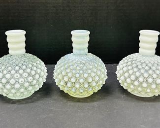 3 Vintage Fenton Moonstone & Opalescent Hobnail Cologne Bottles, No Stoppers