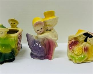 Vintage Shawnee Planters Bride & Groom, Asian Men Carrying Basket & Asian Couple