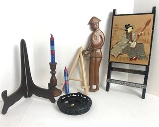 Misc Lot - Hand Carved Figure; Leaning Asian Art; 2 Display Easels; and More!