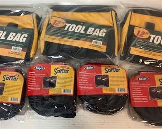 Three 12" Tool Bags and Four Bajer Multi-Purpose Sorter w/2 Compartments