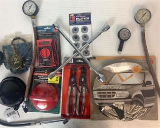 Auto Supplies & Service Lot: Pressure Gauges, Tire Wrench, Multimeter, & More