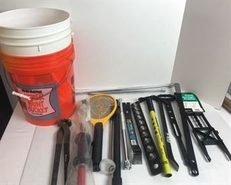 Bucket Filled with Many Long Handle Tools, Bug Zapper & Much More