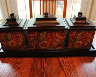 Set of 3 Wooden Canisters on Wooden Tray