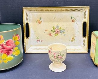 Handpainted: Tole Tray, Waste Basket & Bottle w Lid; Ceramic Egg Cup