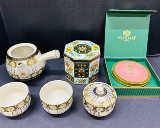 Tea Pot, Pair of Tea/Sake Cups, Bowl with Lid, Metal Tea Tin & Vahdam Tea