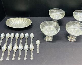Set of 4 Metal & Glass Ice Cream Dishes, Reed & Barton Bowl & Mini Tin Spoons