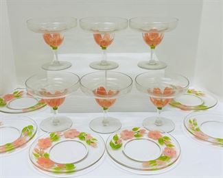 6 Handpainted Floral Margarita Glasses & Matching Glass Plates - Very Pretty!