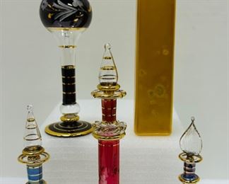 4 Colorful Egyptian Hand-Blown Glass Perfume Bottles & Decorative Bottle