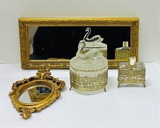 Vintage Ormolu Gold Gilt & Glass Trinket Dish, Perfume Bottle & 2 Mirrors!