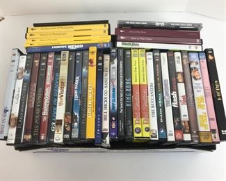 Box filled with 30 Movie & TV DVD's and 3 How to DVD's & Books