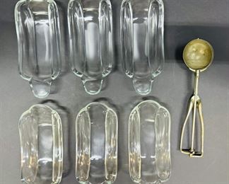 Ice Cream Lovers! Set of 6 Glass Banana Split Dishes & Vintage Ice Cream Scoop!