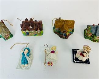 7 Christmas Ornaments: 4 Kinkade's Cottages & 3 Mother Goose
