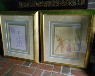 PAIR MULTI MATTED JESTERS IN LARGE GOLD FRAMES