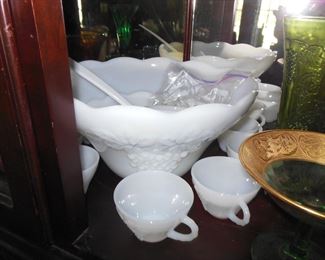 MILK GLASS PUNCH BOWL, LADLE AND 12 CUPS