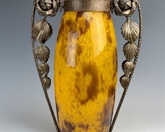 Large Andre Delatte Glass and Iron Vase