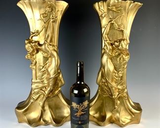 Pair of Large Flora Gilt Metal Art Nouveau Vases