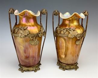Pair Loetz type bronze and glass vases