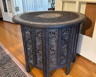 BUY IT NOW! $290. Antique Indian Sheesham, Inlaid Collapsible Cable. Circa 1964. 24" Round x 19"H