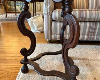 BUY IT NOW! $30 Small Triangular tri-leg table. (As-is). Damaged surface, cracked leg. 17"W x 23"H