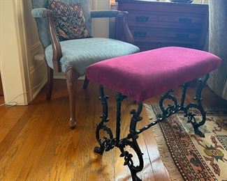 BUY IT NOW! $80. Vintage Cast Iron and Velvet Upholstered Bench 24"W x 12"D x 18"H.