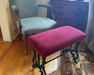 BUY IT NOW! $80. Vintage Cast Iron and Velvet Upholstered Bench 24"W x 12"D x 18"H.