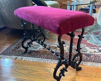 BUY IT NOW! $80. Vintage Cast Iron and Velvet Upholstered Bench 24"W x 12"D x 18"H.