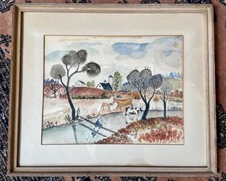 BUY IT NOW $200. Original Watercolor and pencil; by A. Dejez 12.5"x9.5" (farm scene)