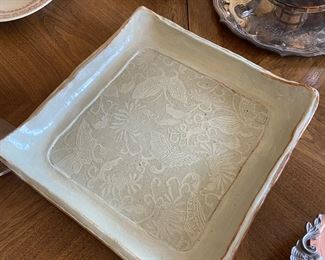 White etched square pottery; serving plate