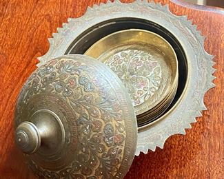 vintage brass etched painted bowl with coasters 