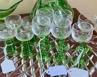Lime green spiral etched cordial glasses 